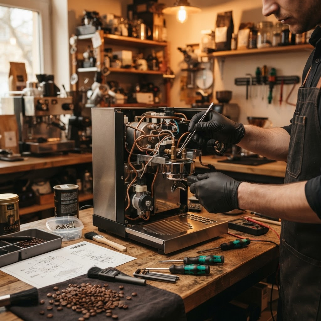 Tehnician reparând un espressor automat pe bancul de lucru